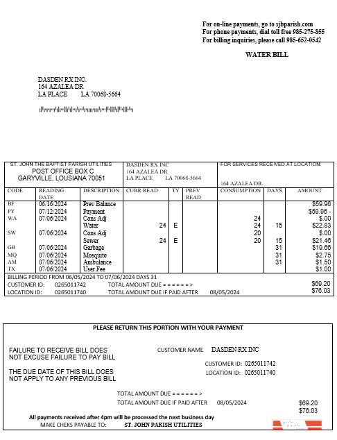 USA Louisiana St. John the Baptist Parish water business utility bill in Word and PDF formats